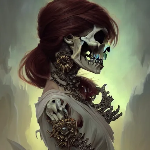 Image similar to portrait of an undead skeleton necromancer, D&D, fantasy, intricate, elegant, highly detailed, digital painting, artstation, concept art, smooth, sharp focus, illustration, art by artgerm and greg rutkowski and alphonse mucha