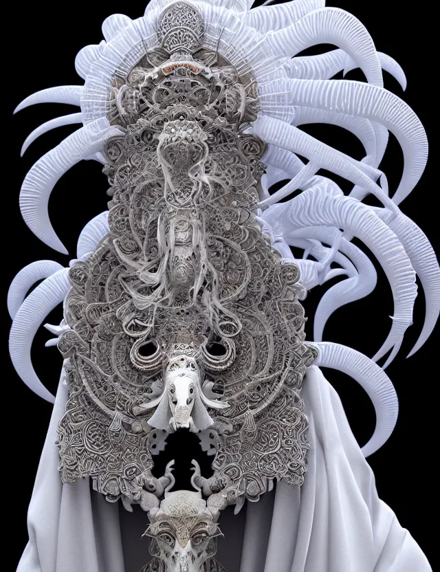 Image similar to 3 d goddess close - up profile portrait of cultist monk in hooded robe with ram skull. beautiful intricately detailed japanese crow kitsune mask and clasical japanese kimono. betta fish, jellyfish phoenix, bio luminescent, plasma, ice, water, wind, creature, artwork by tooth wu and wlop and beeple and greg rutkowski