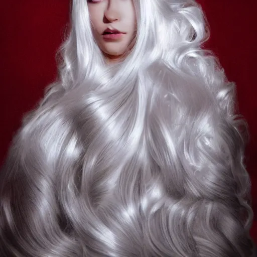 Image similar to a beautiful royal princess with long white hair, very fair, cinematic lighting scant