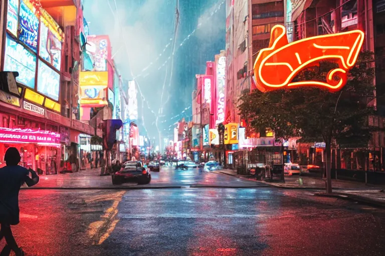 Image similar to a cinematic photograph of jesus walking through a utopian city street on a sunny day, rain falls, neon advertisement light up the street, ultra realistic, high definition
