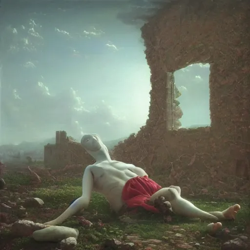 Image similar to whimsical chromatic hyperrealistic surrealism, clown, David Friedrich, award winning masterpiece with incredible details, Zhang Kechun, a surreal vaporwave vaporwave vaporwave vaporwave vaporwave painting by Thomas Cole of a gigantic broken mannequin head sculpture in ruins, astronaut lost in liminal space, highly detailed, trending on ArtStation