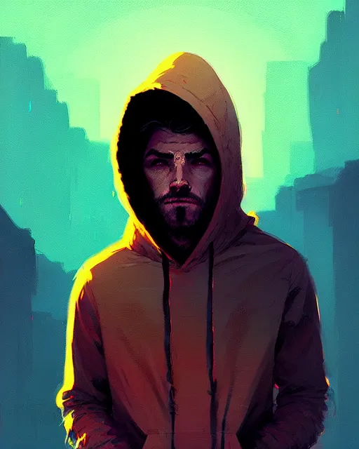 Image similar to music festival, hyper - realistic portrait of a man in a hoodie with detailed background, intricate, 4 k, by atey ghailan, by greg rutkowski, by greg tocchini, by james gilleard, by joe fenton, by kaethe butcher, dynamic lighting, lighting color scheme, sharp focus, grunge aesthetic