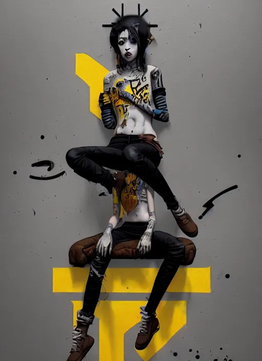 Image similar to highly detailed matte painting, of punk girl sitting on maximalist 3 d calligraphy graffiti tag light eroding grey walls, by atey ghailan, by greg rutkowski, by greg tocchini, by james gilleard, by joe fenton, by kaethe butcher, yellow, brown, black and cyan mystical color scheme, grunge aesthetic, octane render