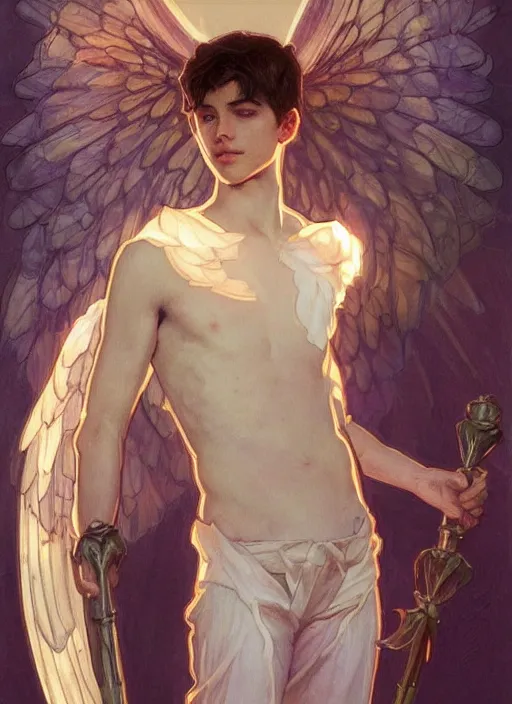 Prompt: digital character concept art by artgerm and greg rutkowski and alphonse mucha. portrait, young fourteen year old boy, like a young god, beautiful, angel wings!, holding a staff, detailed, poster art, light effect, glowing, hyper detail, intricate, elegant, digital painting, artstation, smooth, sharp focus