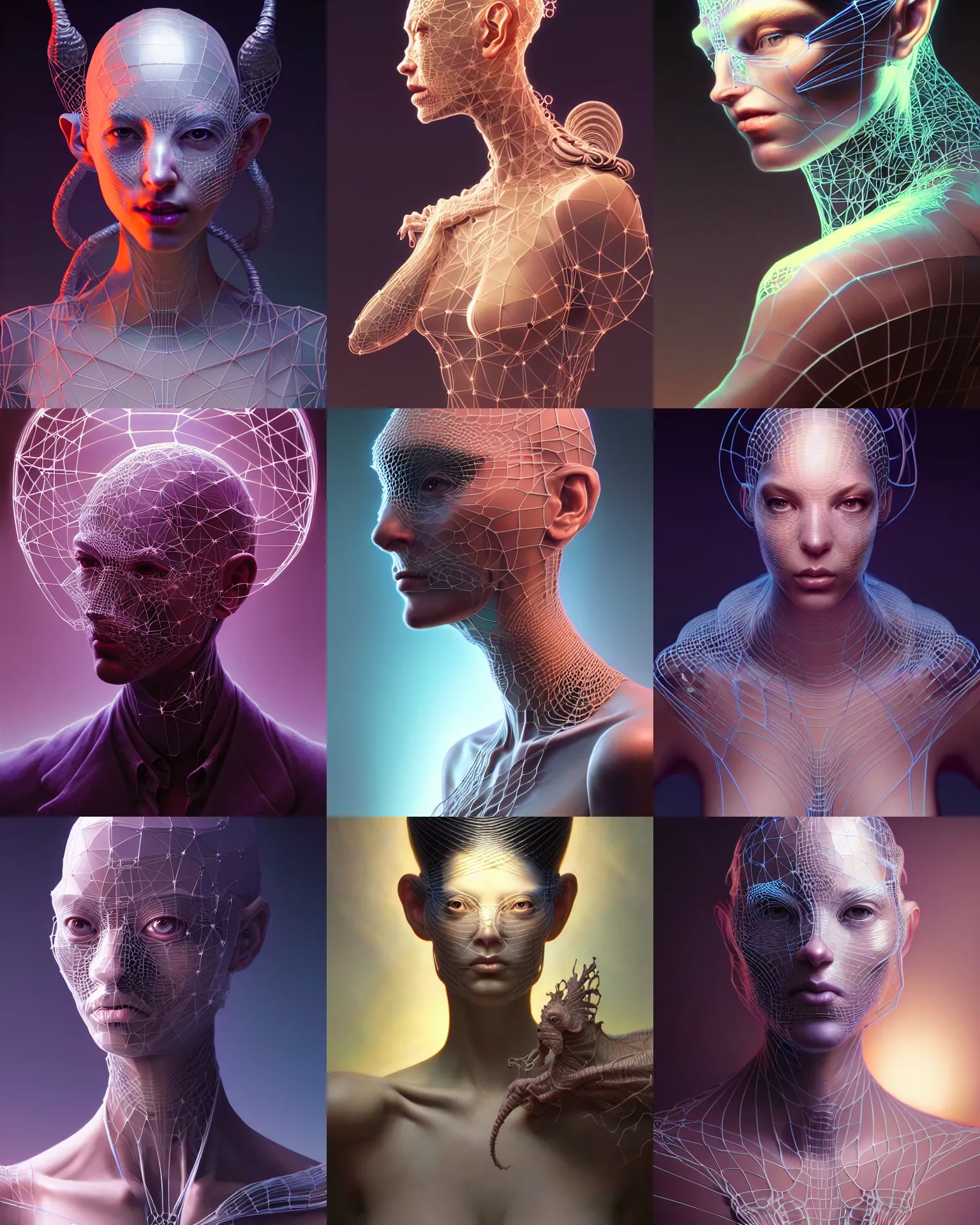 Prompt: beautiful portrait, high poly 3 d glowing wireframe models, ultra realistic, intricate details, holographic artifacts, highly detailed by peter mohrbacher, boris vallejo, hajime sorayama, wayne barlowe, paolo eleuteri serpieri