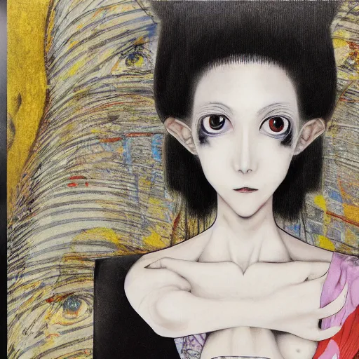 Image similar to yoshitaka amano blurred and dreamy realistic three quarter angle portrait of a woman with white hair and black eyes wearing dress suit with tie, junji ito abstract patterns in the background, satoshi kon anime, noisy film grain effect, highly detailed, renaissance oil painting, weird portrait angle, blurred lost edges