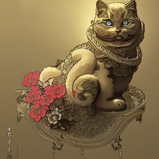 Image similar to A cute maneki neko waving, flowers around, D&D, fantasy, intricate, cinematic lighting, highly detailed, digital painting, artstation, concept art, smooth, sharp focus, illustration, art by Akihiko Yoshida, Greg Rutkowski and Alphonse Mucha