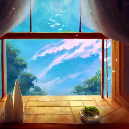 Image similar to a heavenly dream view from the interior of my cozy house from a Makoto Shinkai oil on canvas inspired pixiv dreamy scenery art majestic fantasy scenery cozy window frame fantasy pixiv scenery art inspired by magical fantasy exterior