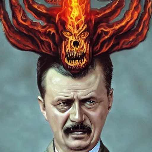 Image similar to igor ivanovich strelkov became an angry degraded satanic hellfire demonic abomination and calling for total mobilization, photo - realistic, color image, 2 k, highly detailed, bodyhorror, occult art