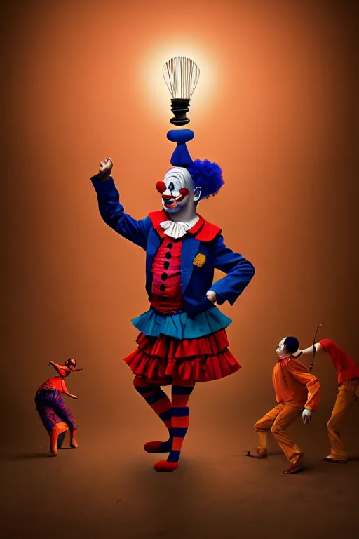 Image similar to my teacher as clown - composition : dynamic lighting, depth details, intricate, asymmetric, proportion, highly quality, balance, unity, extremely highly detailed. by bambang nurdianshyah ( background ) garis edelweiss ( lighting ) roby dwi antono ( character )