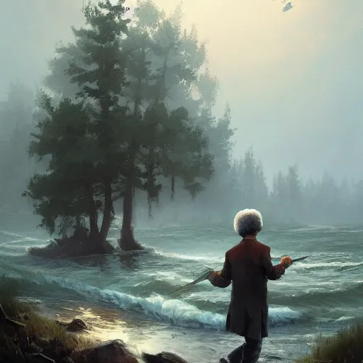 Image similar to Bob Ross throwing away paintings, illustrated by Greg Rutkowski, trending on artstation, 4k, 8k