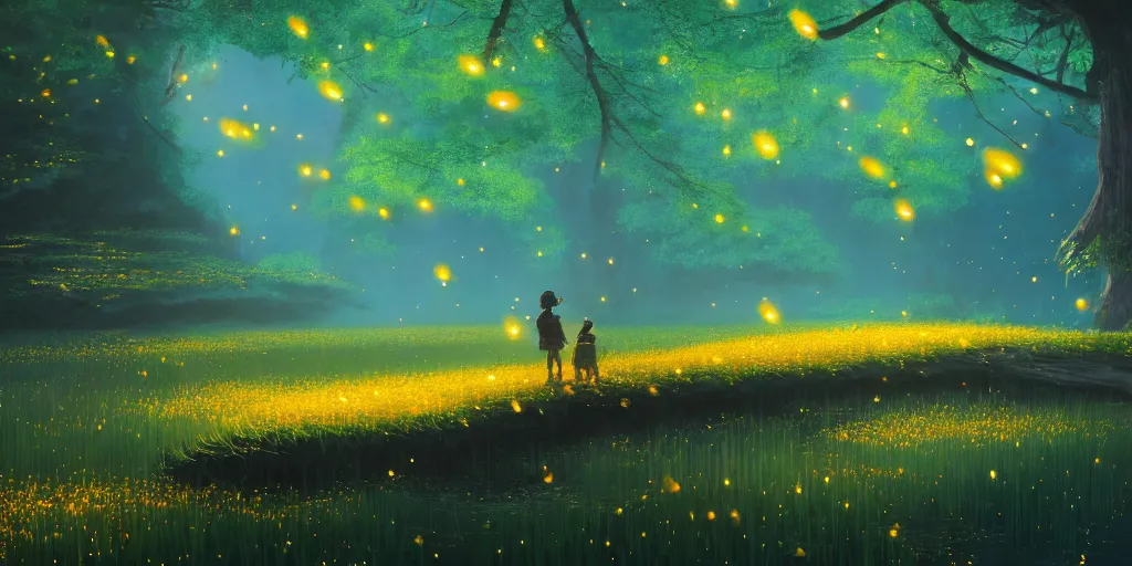 Image similar to a beautiful painting of thousands of fireflies glow in the forests, chinese ancient architecture, lake, underwater photography, quiet ， trending on artstation, 8 k, light effcet,, rtx on, breath of the wild, beeple and studio ghibli style ， ultrawide shot ， cinematic light