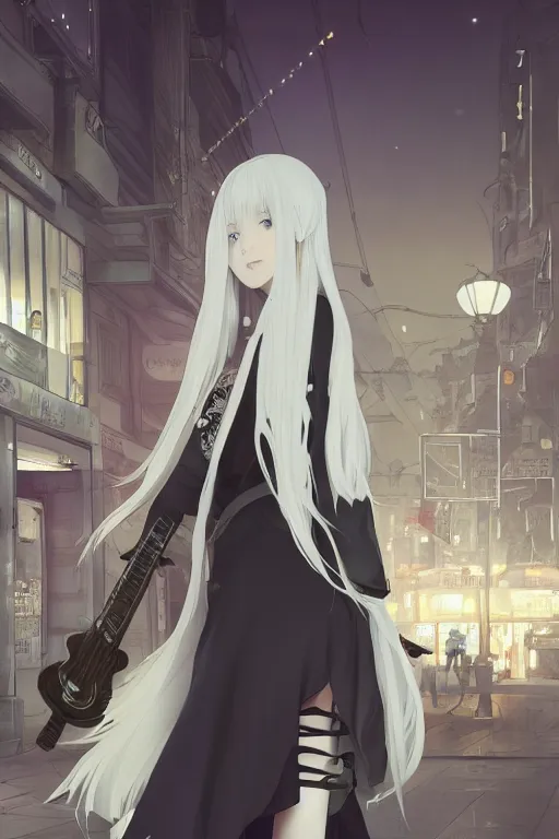 Image similar to a white haired girl with a guitar on her back shopping at a convenience store at night, grey and dark theme, s line, 4 5 angel by krenz cushart and mucha and makoto shinkai and akihito yoshida and greg rutkowski, nier : automata inspired, 4 k resolution