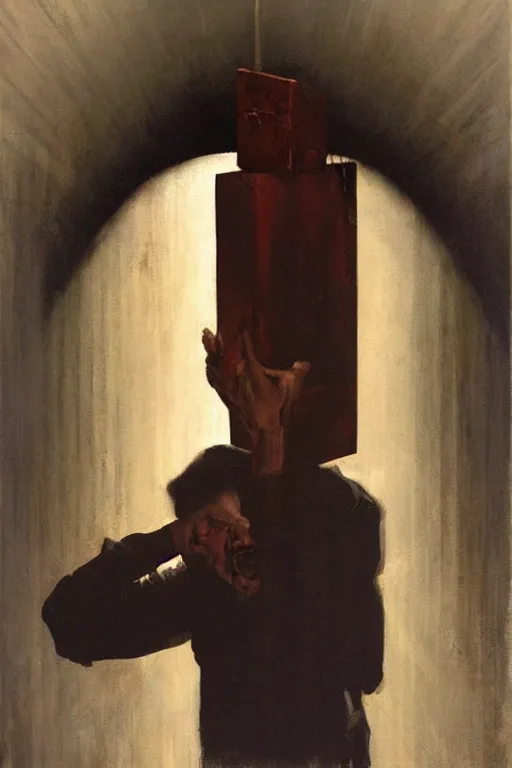 Image similar to Phil Hale artwork, A man with a wooden box under his arm stands inside a dark tunnel, looking up with an expression of horror