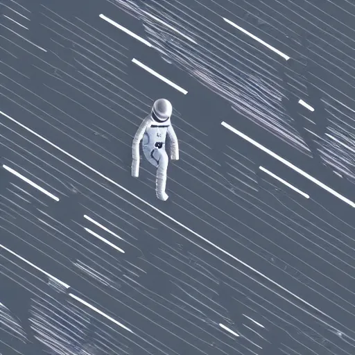 Image similar to man in silver space suit, walking on an industrial catwalk suspended in the darkness of space, realistic illustration, isometric view