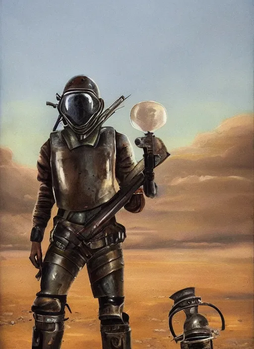 Prompt: a detailed painting of a man in post apocalyptic home made armour and a helmet holding a modified shotgun walking around a wasteland with a blue sky walking towards a sunset. hd. 1 9 5 0 s oil painting style.