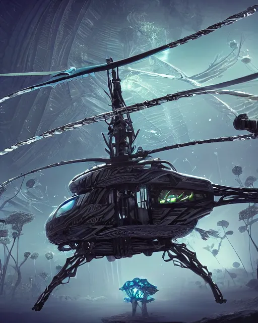 Prompt: helicopter made of diamonds, scifi, alien design, tropical forest, cinematic, detailed, sharp focus, high quality, 4 k, high detail, trending on artstation