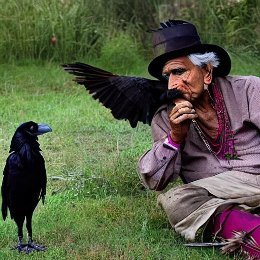 Prompt: elderly Indian Don Juan is sitting in a field with peyote and smoking a pipe , a raven walks next to him