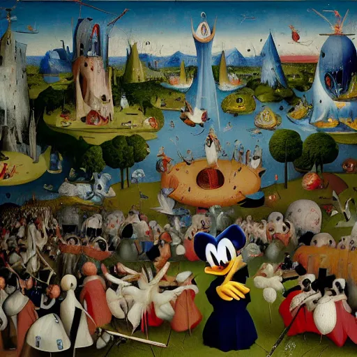 Image similar to donald duck in the garden of earthly delights by hieronymus bosch, hyper detailed, photorealistic.