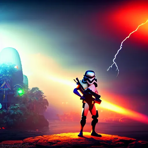 Image similar to storm trooperd on holiday in thailand ultra realistic, lens flare, atmosphere, glow, detailed, intricate, full of colour, cinematic lighting, trending on artstation, 4 k, hyperrealistic, focused, extreme details, unreal engine 5, cinematic, masterpiece, ultra realistic, hyper realistic, highly detailed, sharp focus, digital art