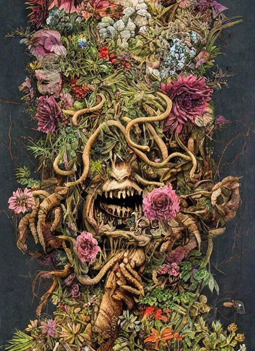 Image similar to a hyper detailed fine painting of a monster made of woods herbs flowers and plants, weird bizzar art, horror tribal surrealism