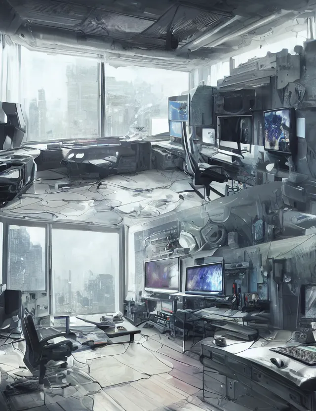 Image similar to artstation scifi scene of a complex computer workstation in a small studio apartment room, many monitors, many electronics, a window view, very detailed, maximalism, ambient occlusion, volumetric light, sun beam, atmospheric haze, unreal engine, hyper realism, realistic shading, cinematic composition, realistic render, octane render, detailed textures, photorealistic, wide shot