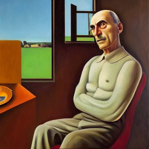 Prompt: frank zappa portrait, grant wood, pj crook, edward hopper, oil on canvas