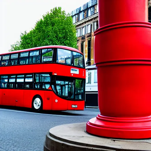 Prompt: a giant statue of a red plunger with a wooden shaft in the center of london. a london bus in the background.