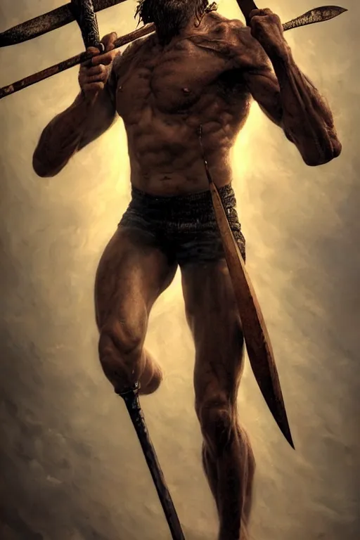 Image similar to hyperrealistic mixed media painting of Cain, a spear in his hand, masculine and handsome, stunning 3d render inspired art by P. Craig Russell and Barry Windsor-Smith + perfect facial symmetry + dim volumetric lighting, 8k octane beautifully detailed render, post-processing, extremely hyperdetailed, intricate, epic composition, grim yet sparkling atmosphere, cinematic lighting + masterpiece, trending on artstation, very very detailed, masterpiece, stunning