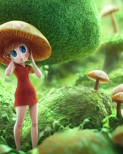 Prompt: Manga cover portrait of an extremely cute and adorable mushroom dryad, harvest fall vibrance, 3d render diorama by Hayao Miyazaki, official Studio Ghibli still, color graflex macro photograph, Pixiv, DAZ Studio 3D