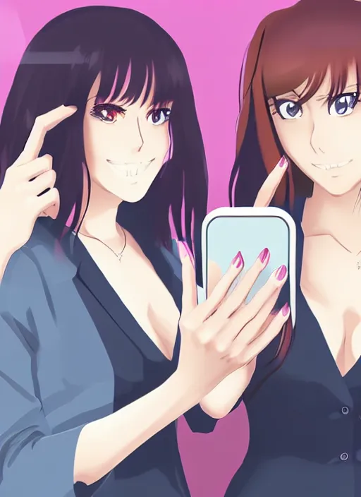 Image similar to a mirror selfie of two beautiful office ladies, gorgeous faces, thick lines, cinematic lighting, detailed anime art