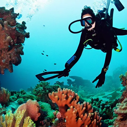 Prompt: a diver spearfishing in a coral reef, dslr, high definition