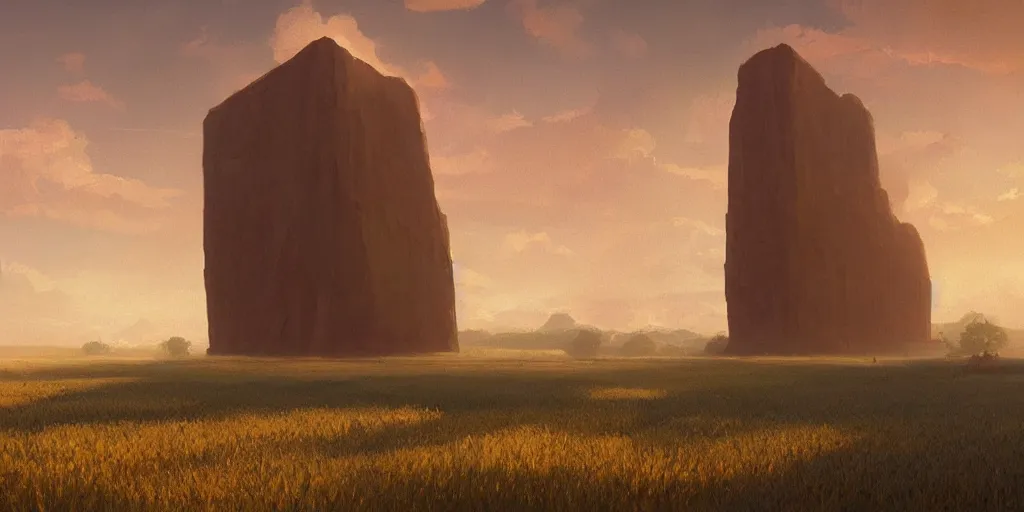 Prompt: wide shot of a floating monolith above a cornfield, late afternoon, golden hour, concept art by greg rutkowski and jakub rebelka