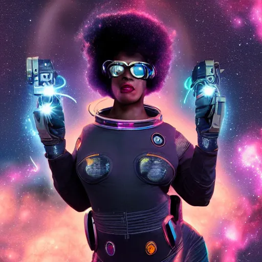 Image similar to black female cyberpunk astronaut in a 1 9 5 0's pinup art, cinematic composition, award winning art, octane render, exploding nebulae, outer space, artwork by norman rockwell