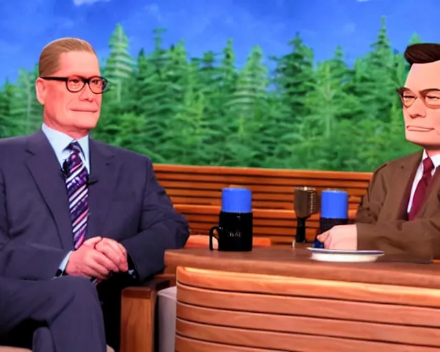 Prompt: upclose screenshot from hank hill being interviewed on an episode of the tonight show starring jimmy fallon. talk show set.