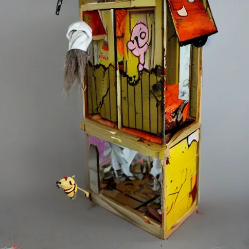 Prompt: Winnie the pooh sock puppet decaying in apocalyptic graffiti dollhouse