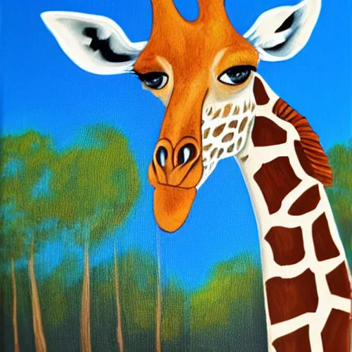Prompt: giraffe with a blue scarf, canvas, painting by van gog