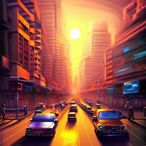 Image similar to mumbai in the future, city streets, golden hour, distopian fantasy, photorealistic artwork trending on pixiv