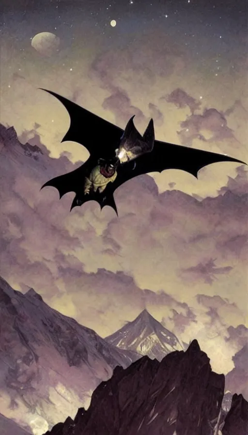 Image similar to hyper realistic white bat, flying against a dark black night sky, mountain in the background, moonlight, denoised, very detailed, painted by james gurney, alphonso mucha, norman rockwell, tom bagshaw