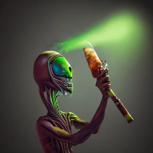 Image similar to alien smoking weed and getting high with, rips bong, raggae art, # 4 2 0, # smokeweedeveryday, rasta, 3 d art, octane render, matte, raytracing, intricate digital painting