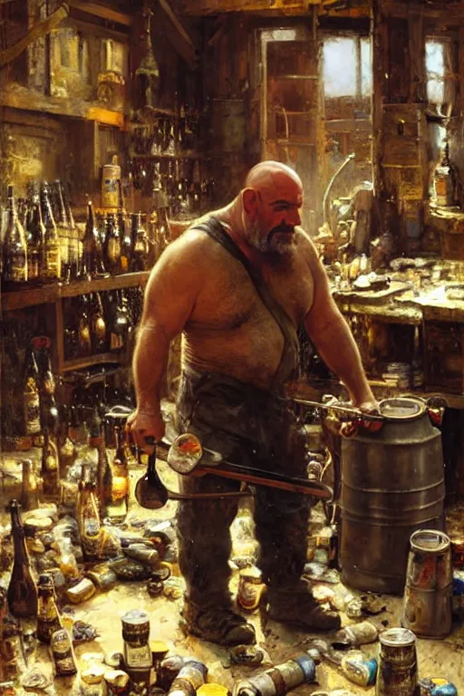 Prompt: bill goldberg as a blacksmith, many beer cans in background, piles of beer cans, anvil, forge, portrait dnd, painting by gaston bussiere, craig mullins, greg rutkowski, yoji shinkawa