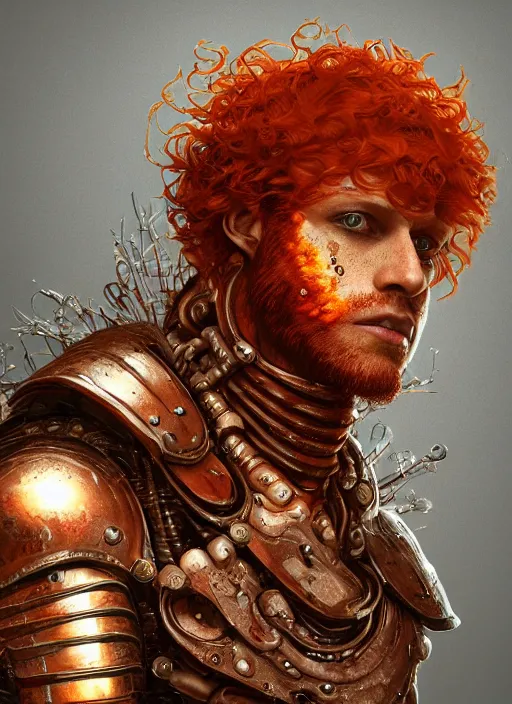 Image similar to biopunk portrait of curly orange hair man from dark souls, au naturel, hyper detailed, digital art, trending in artstation, cinematic lighting, studio quality, smooth render, unreal engine 5 rendered, octane rendered, art style by klimt and nixeu and ian sprigger and wlop and krenz cushart.