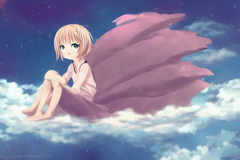 Prompt: a cute anime girl sitting on a cloud, digital art, anime,