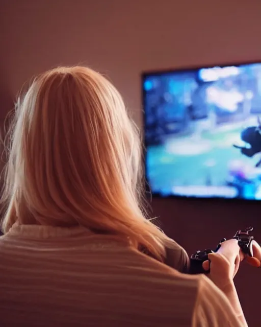 Prompt: view from behind of a cute beautiful blonde woman playing game, holding controller, watching television displaying call of duty, intricate detail, cinematic composition