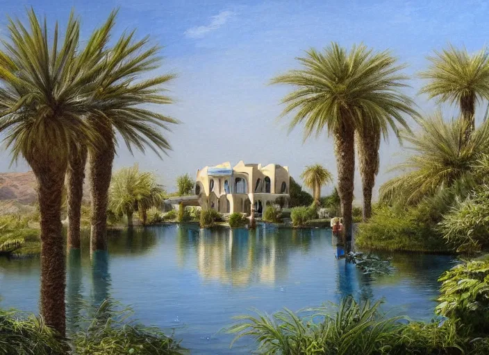 Image similar to A beautiful ultra-detailed painting of a garden villa with a lake in the middle of the arabic desert with a blue sky by Ludwig Deutsch, Trending on Artstation