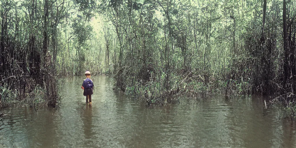 Prompt: A young explorer walking alongside a channel of water in a dense swamp, Kodachrome color film, grainy, film grain
