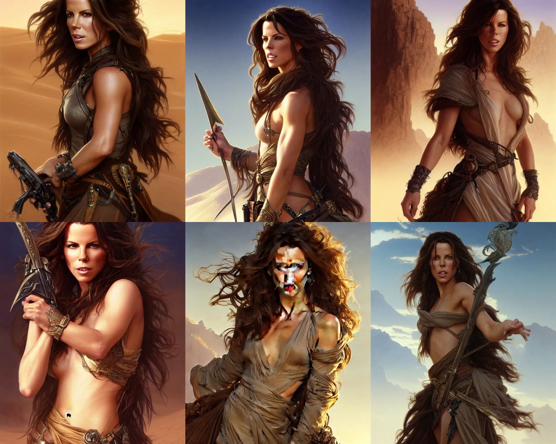 Prompt: An kate beckinsale as adventurer in the desert with the power of foresight, handsome young face, medium straight hair, fantasy, intricate, elegant, highly detailed, digital painting, artstation, concept art, smooth, sharp focus, illustration, art by artgerm and greg rutkowski and alphonse mucha