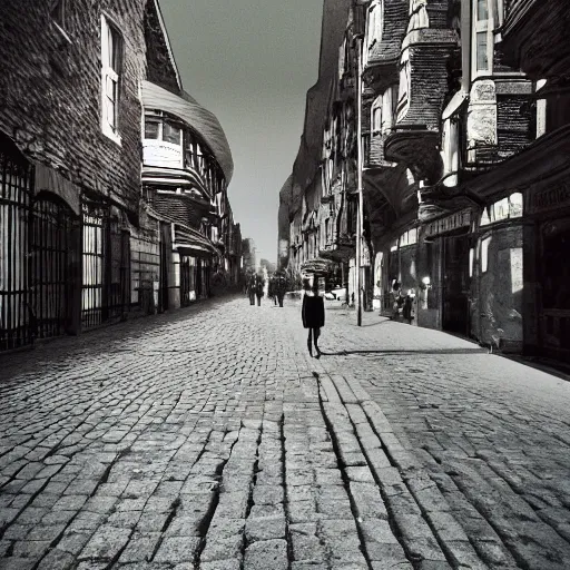 Image similar to traveler in time on the old street, seventies, photorealistic