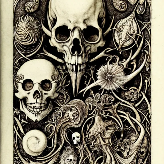 Image similar to memento mori by arthur rackham, art forms of nature by ernst haeckel, exquisitely detailed, art nouveau, gothic, ornately carved beautiful skull dominant, intricately carved antique bone, art nouveau botanicals, ornamental bone carvings, art forms of nature by ernst haeckel, horizontal symmetry, arthur rackham, ernst haeckel, symbolist, visionary