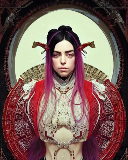 Image similar to portrait of a turkish masculine female billie eilish cyberpunk machine, machine face, full body portrait, decorated with ottoman opera motifs, muscular, asian, fine china, wuxia, traditional chinese art, intricate intense elegant, highly detailed symmetry headpiece digital painting artstation concept art smooth sharp focus illustration, art by artgerm and greg rutkowski alphonse mucha 8 k